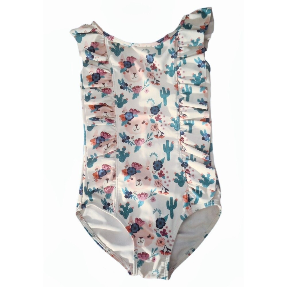 White Cactus Bear Ruffle Swimsuit sz 5T (Large) Girls Toddler Swimwear